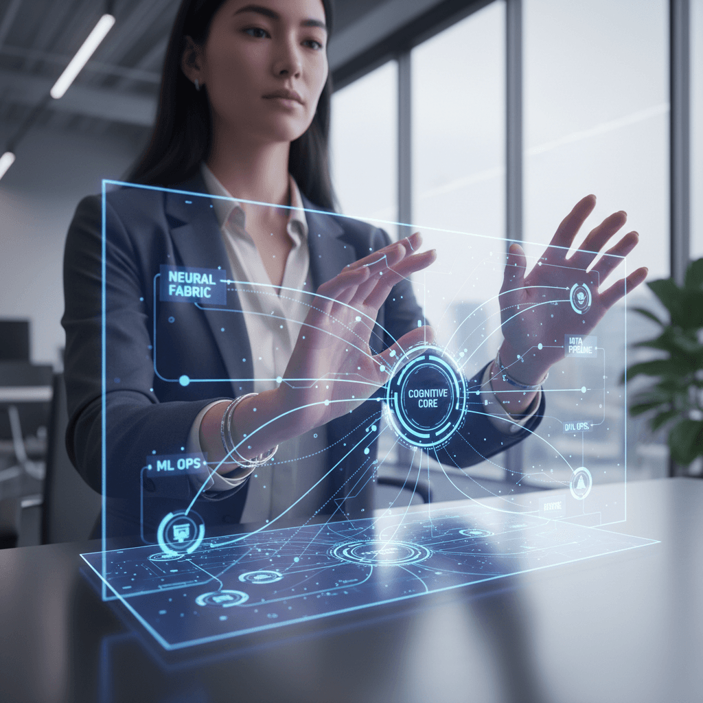 Technology architect's hands interacting with illuminated holographic AI system architecture and machine learning visualization