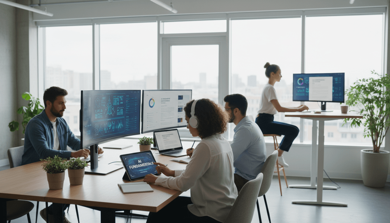 Grupo de educadores y estudiantes aprendiendo sobre inteligencia artificial de forma ética en un aula moderna